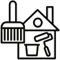Line icon of a house with a paint roller, brush and paint can